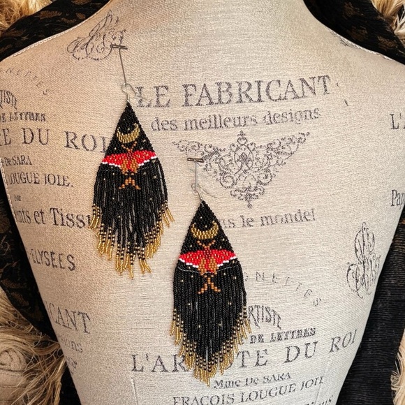 Bold Black Gold Silver Red Handmade Boho Witchy Beaded Earrings w/beaded fringe - Picture 10 of 16